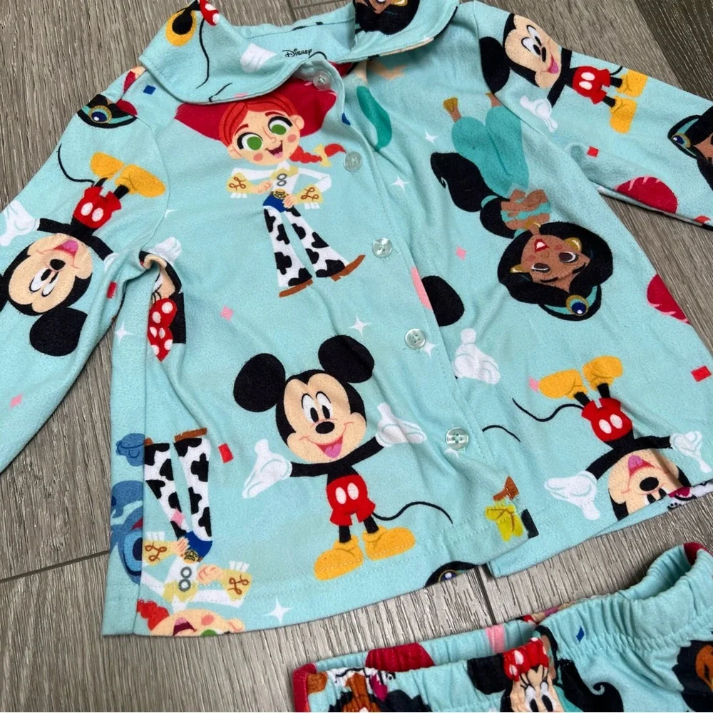 DISNEY 100 2PC LONG SLEEVE BUTTON UP AND PANTS PAJAMA SET BLUE 2T